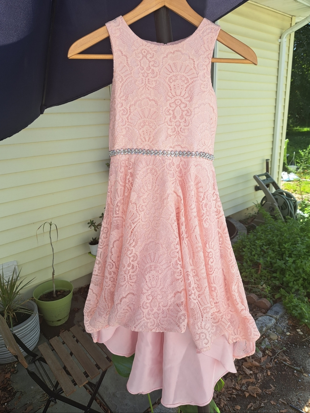 Girls Pink Lace Party Dress with Rhinestone Waist